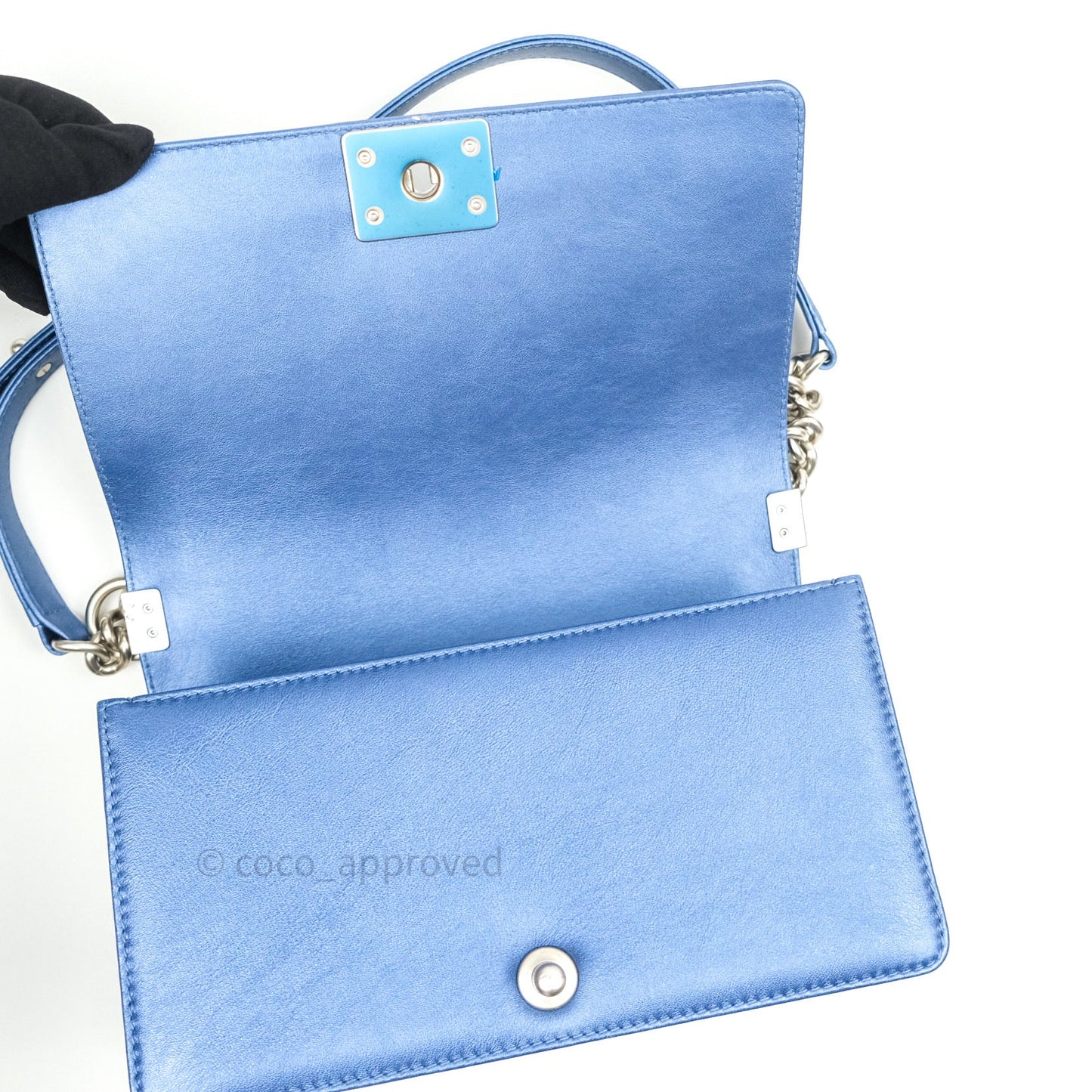 Chanel Boy Medium Blue Metallic Calfskin Perforated Silver Hardware