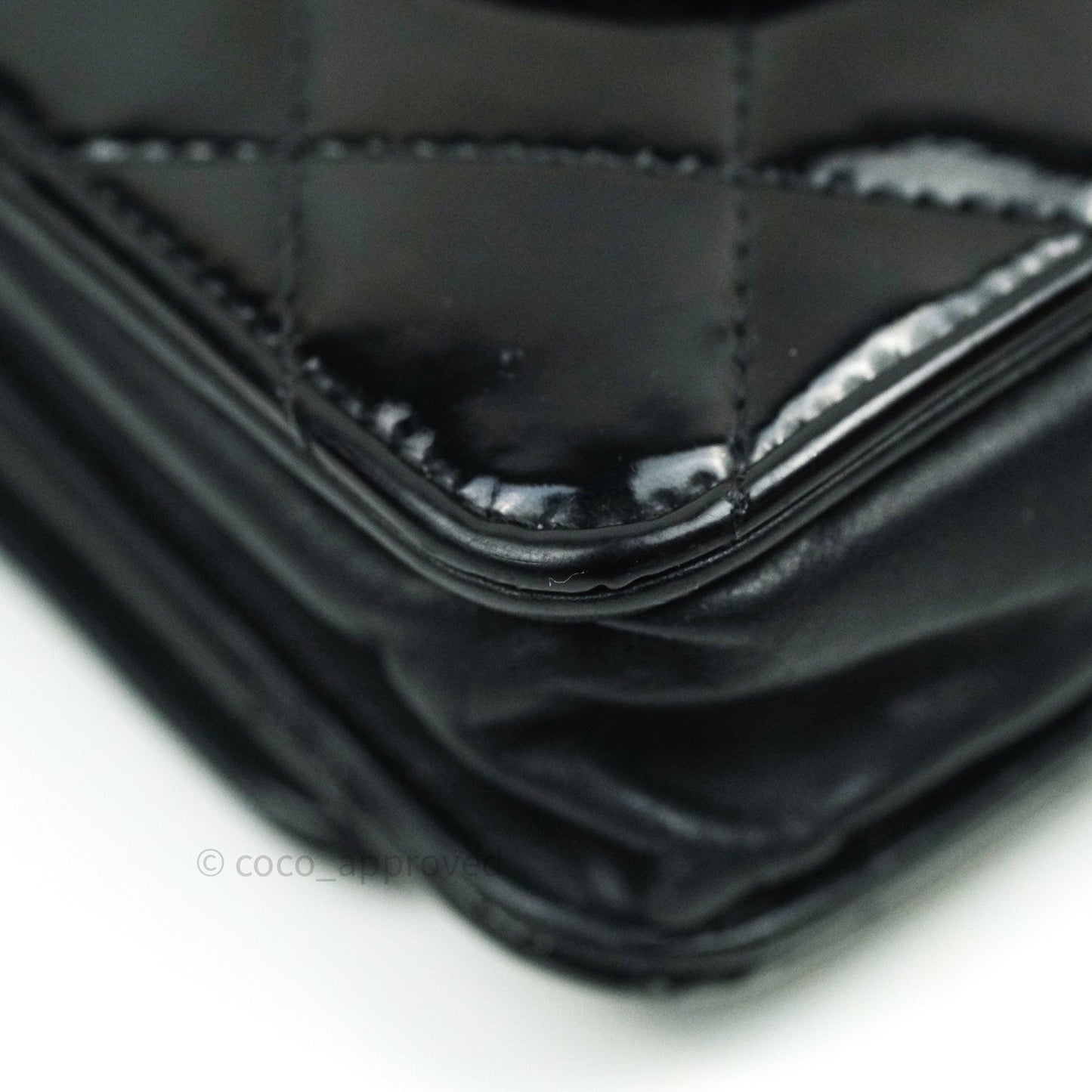 Chanel Quilted Wallet on Chain WOC Black Patent Leather Silver Hardware