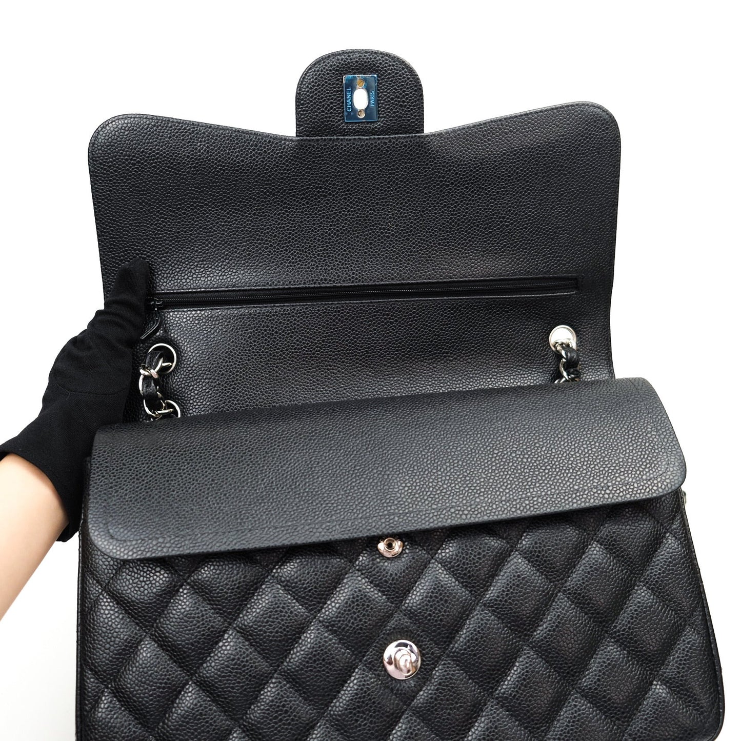 Chanel Quilted Jumbo Double Flap Black Caviar Silver Hardware⁣⁣