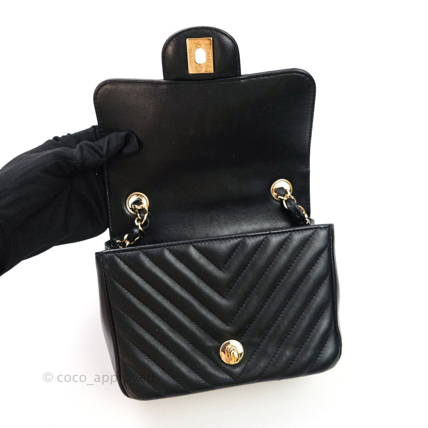 Chanel Mini Square Chevron Black Lambskin Gold Hardware