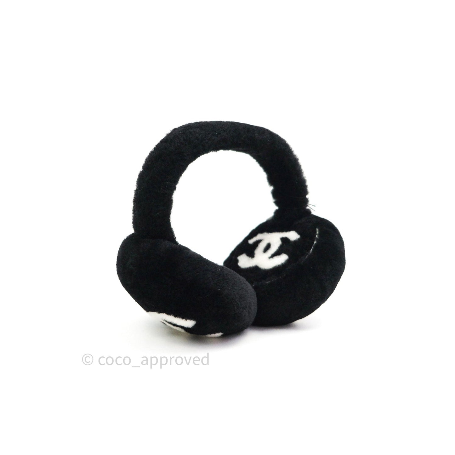 Chanel Shearling Cashmere Black Ivory Logo Earmuffs