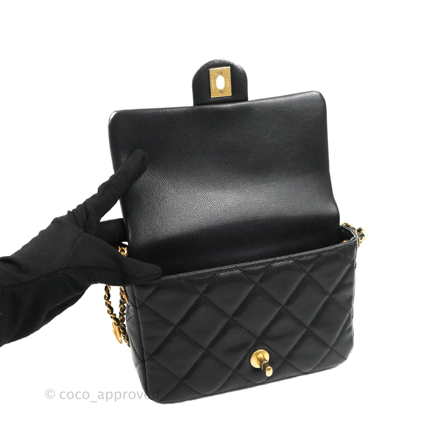 Chanel Small Flap with Coin Charm Black Caviar Aged Gold Hardware 22A