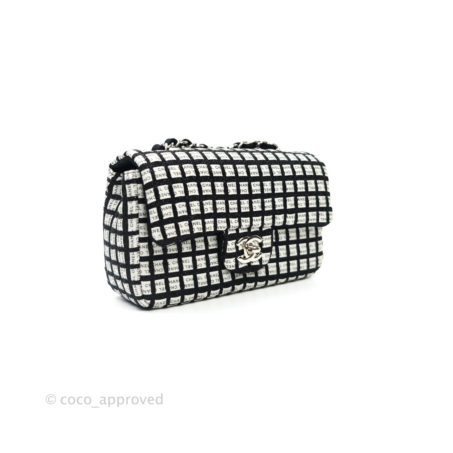 Chanel Quilted Mini Rectangular Black White Logo Silver Hardware