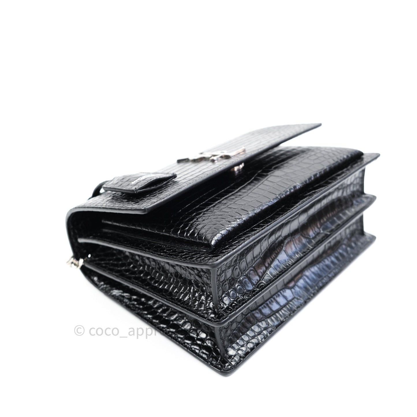 Saint Laurent Sunset Medium Black Crocodile Embossed Calfskin Silver Hardware