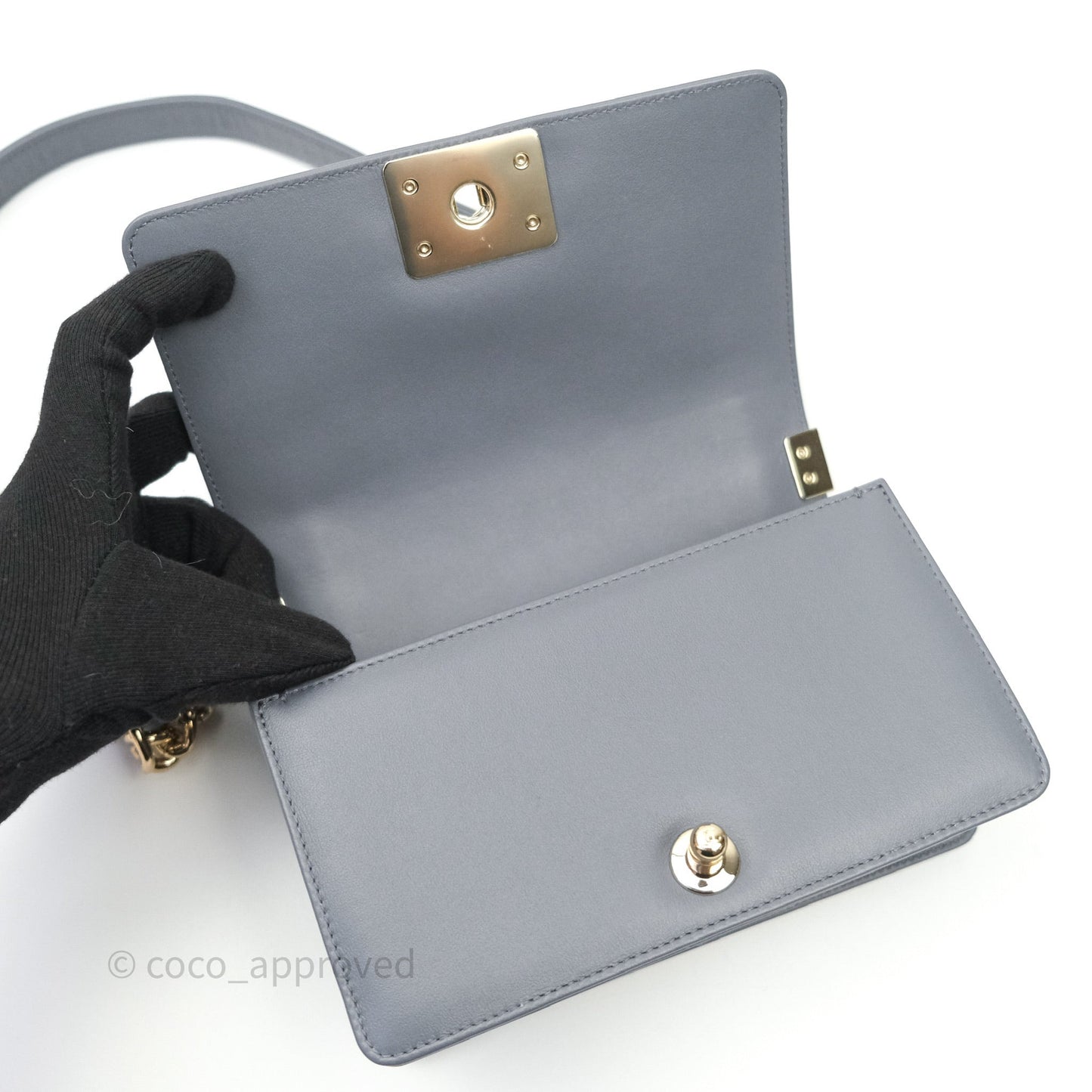 Chanel Small Boy Chevron Grey Calfskin Gold Hardware