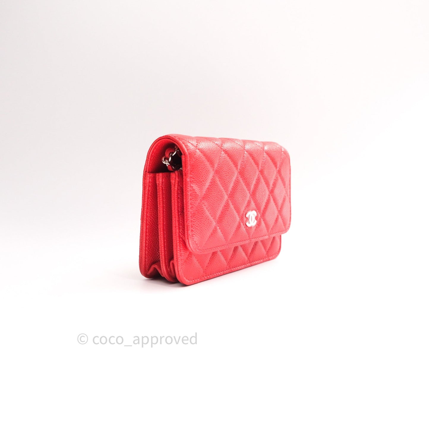Chanel Quilted Mini Wallet on Chain WOC Brick Red Caviar Silver Hardware