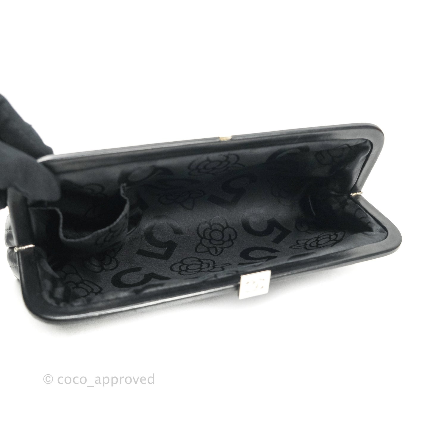 Chanel Vertical Stitch Kiss Lock Black Lambskin Clutch Silver Hardware
