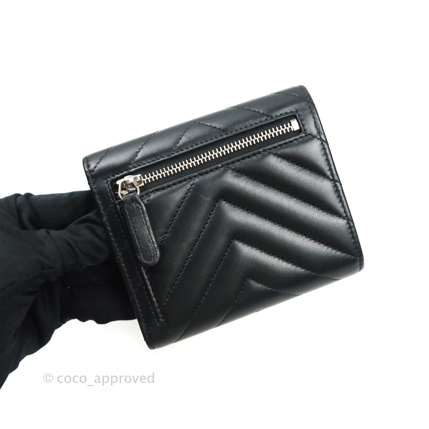 Chanel Chevron Small Compact Wallet Black Lambskin Silver Hardware