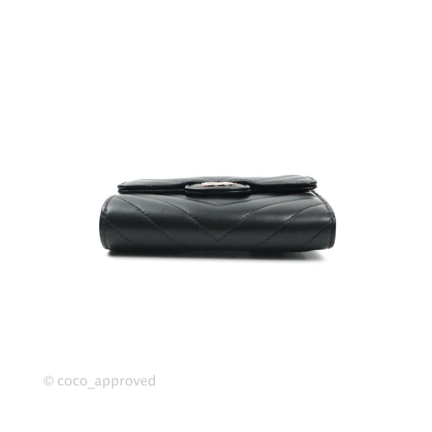 Chanel Chevron Small Compact Wallet Black Lambskin Silver Hardware