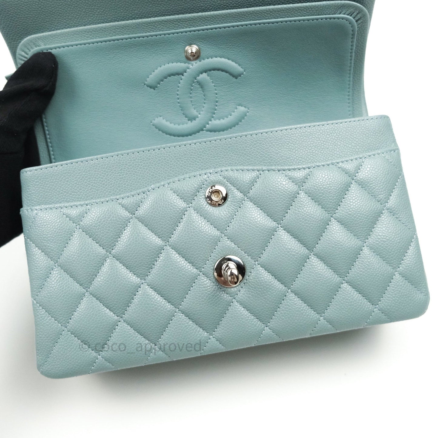 Chanel Classic Small S/M Flap Light Blue Caviar Silver Hardware 20B