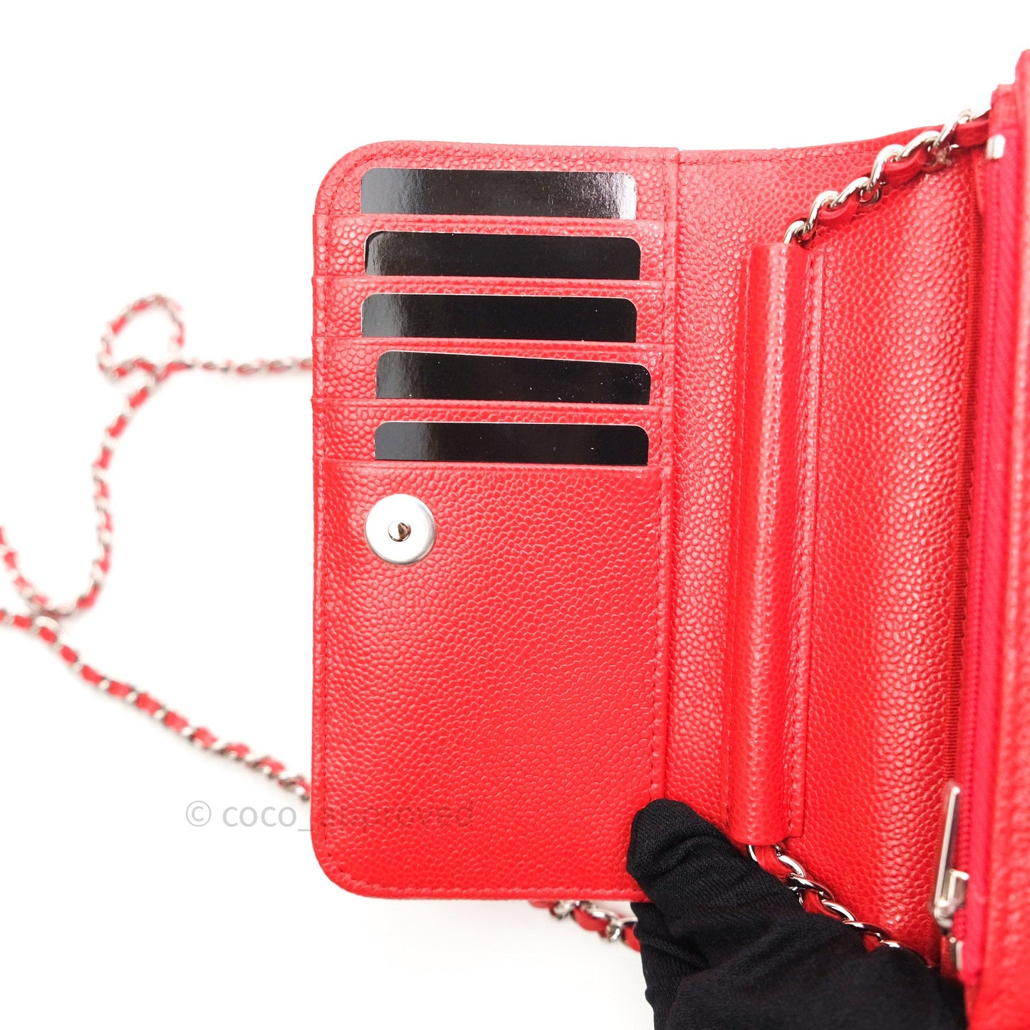 Chanel Quilted Mini Wallet on Chain WOC Brick Red Caviar Silver Hardware