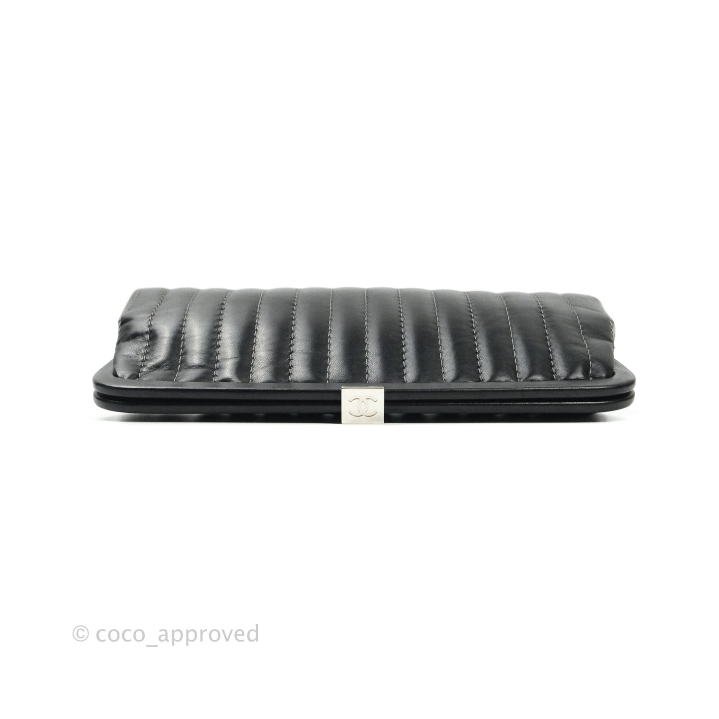 Chanel Vertical Stitch Kiss Lock Black Lambskin Clutch Silver Hardware