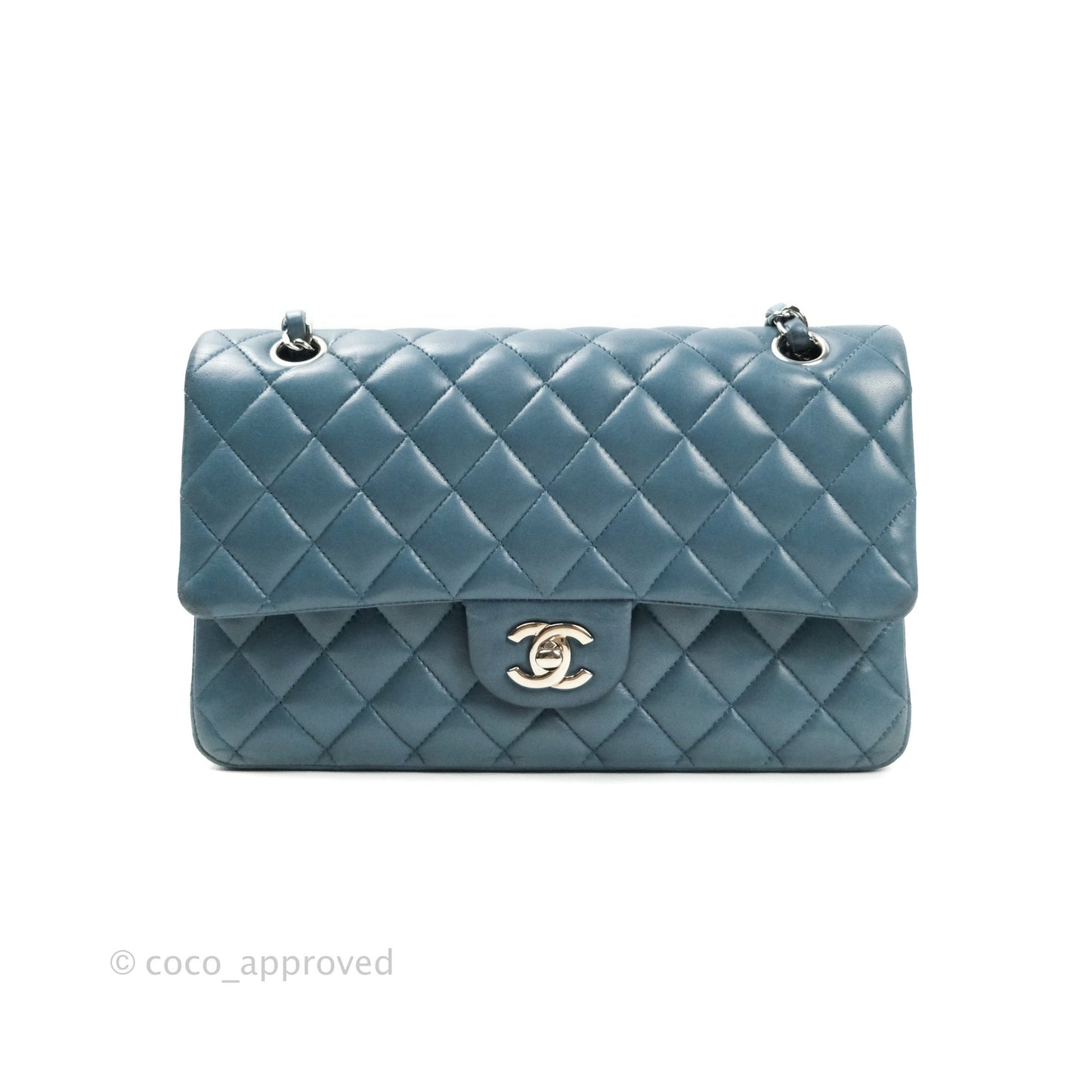 Chanel Classic M/L Medium Double Flap Blue Silver Hardware