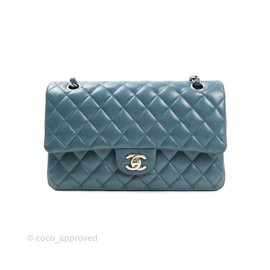 Chanel Classic M/L Medium Double Flap Blue Silver Hardware