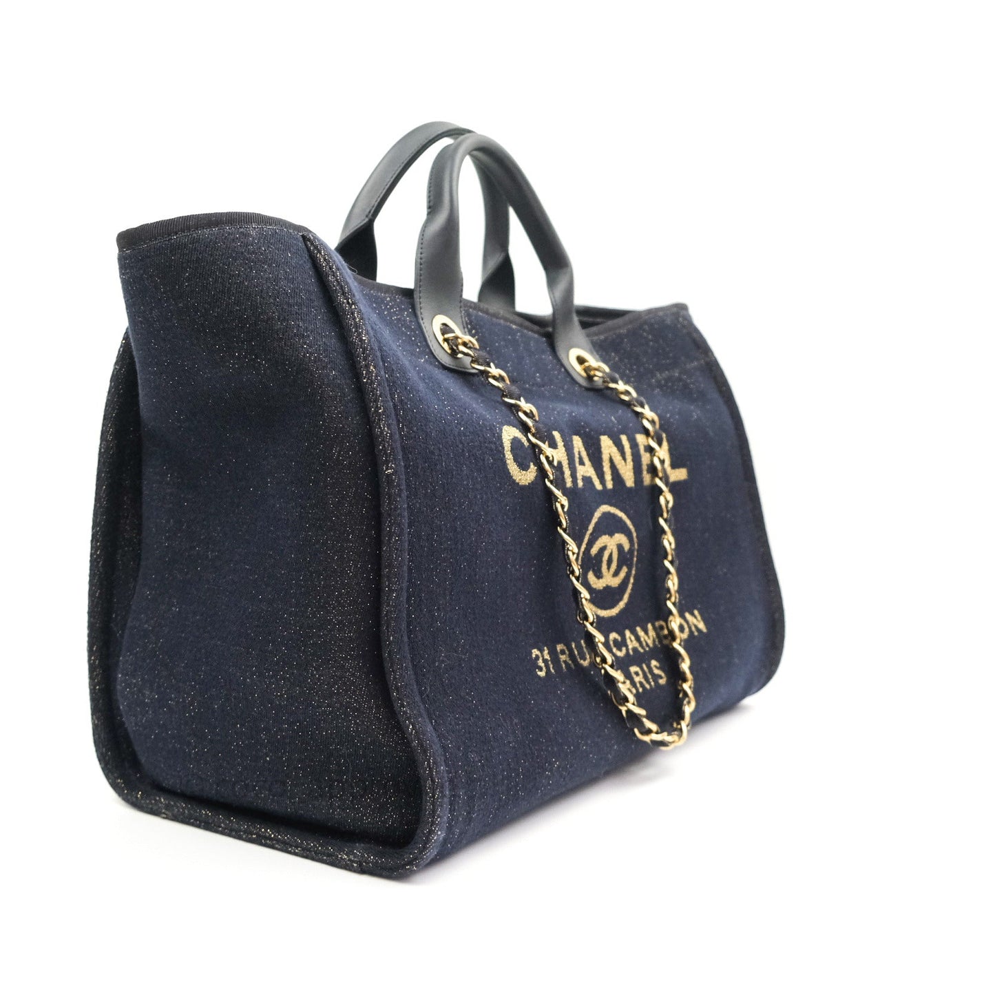 Chanel Canvas Large Deauville Tote Navy Glittery Gold Logo 19B