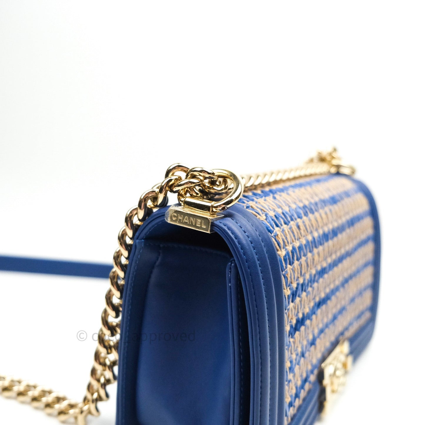 Chanel Boy Medium Straw Calfskin Navy Shiny Gold Hardware