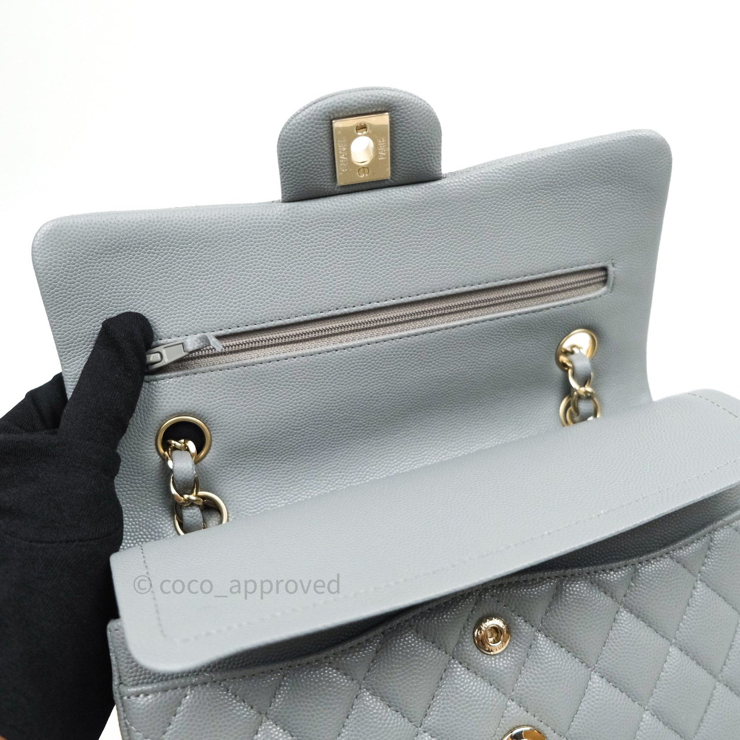 Chanel Classic Small S/M Flap Grey Caviar Light Gold Hardware
