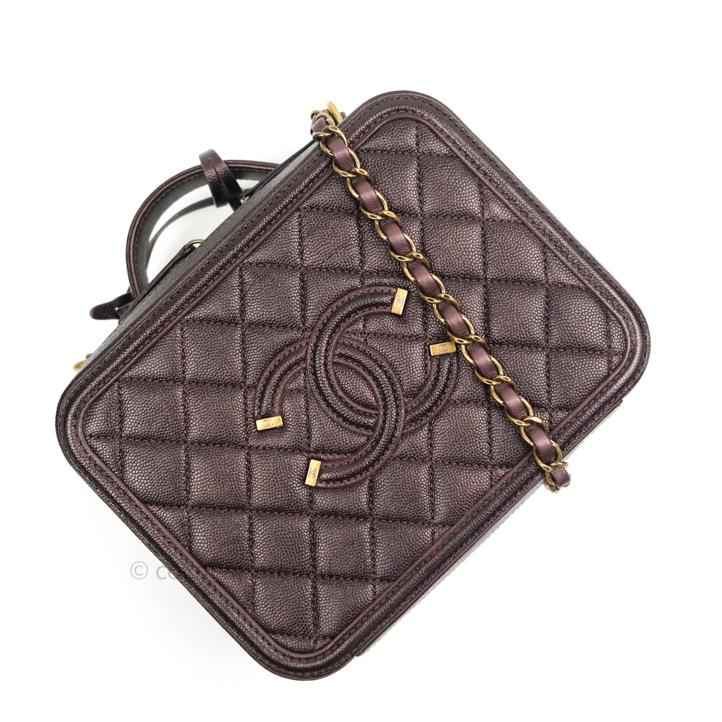 Chanel Quilted Medium CC Filigree Vanity Case Iridescent Burgundy Caviar Gold Hardware