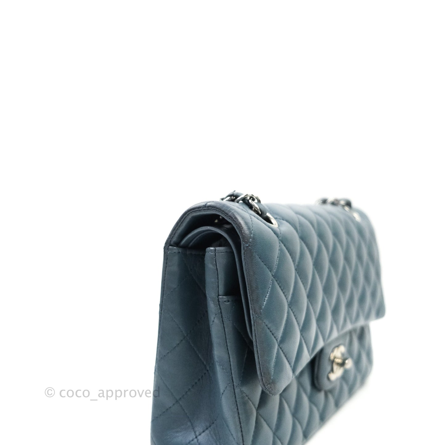 Chanel Classic M/L Medium Double Flap Blue Silver Hardware