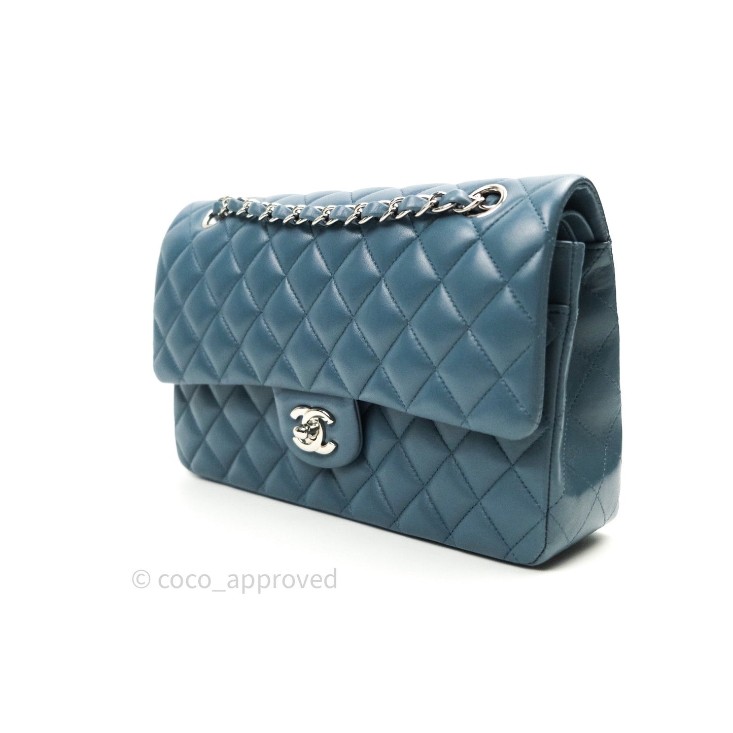 Chanel Classic M/L Lambskin Medium Double Flap Teal Blue Silver Hardware