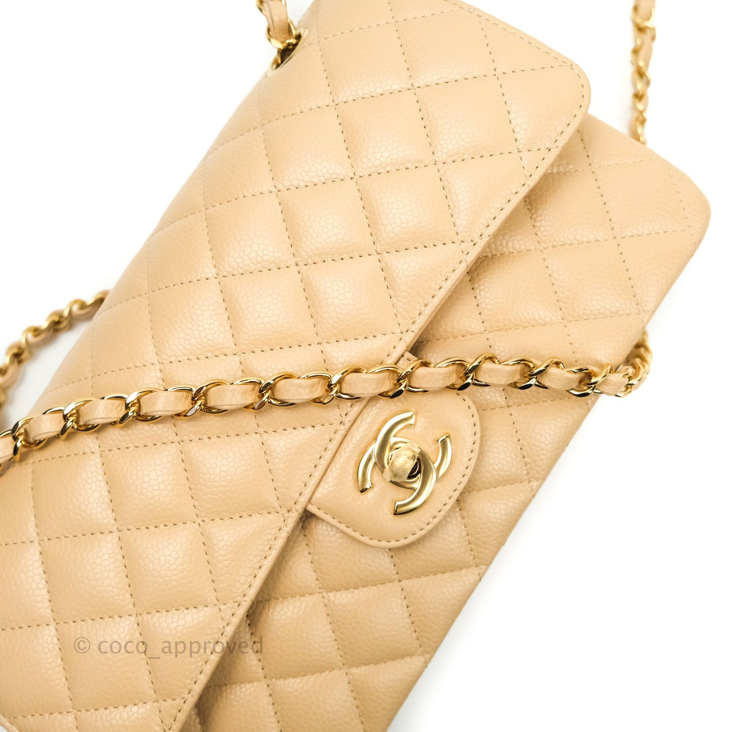 Chanel Classic M/L Medium Double Flap Bag Beige Caviar Gold Hardware