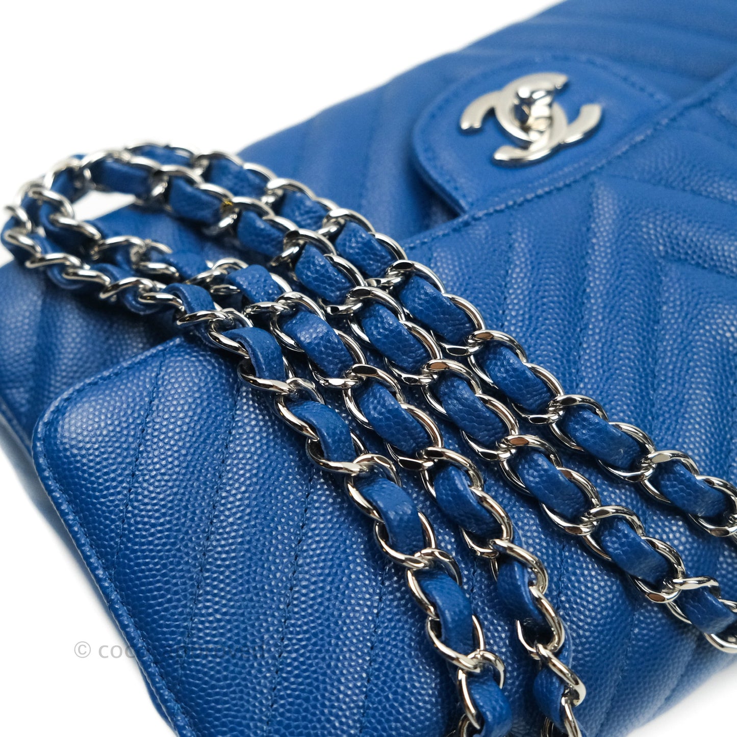 Chanel Classic Chevron M/L Medium Double Flap Blue Caviar Silver Hardware