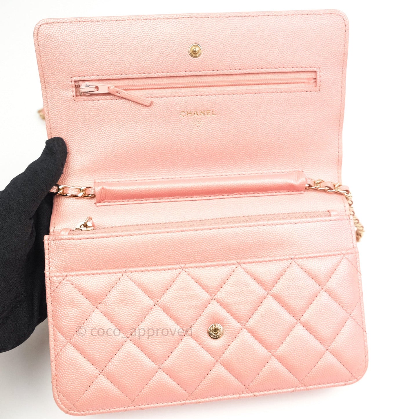 Chanel Quilted Wallet on Chain WOC Iridescent Pink Caviar Gold Hardware 19S