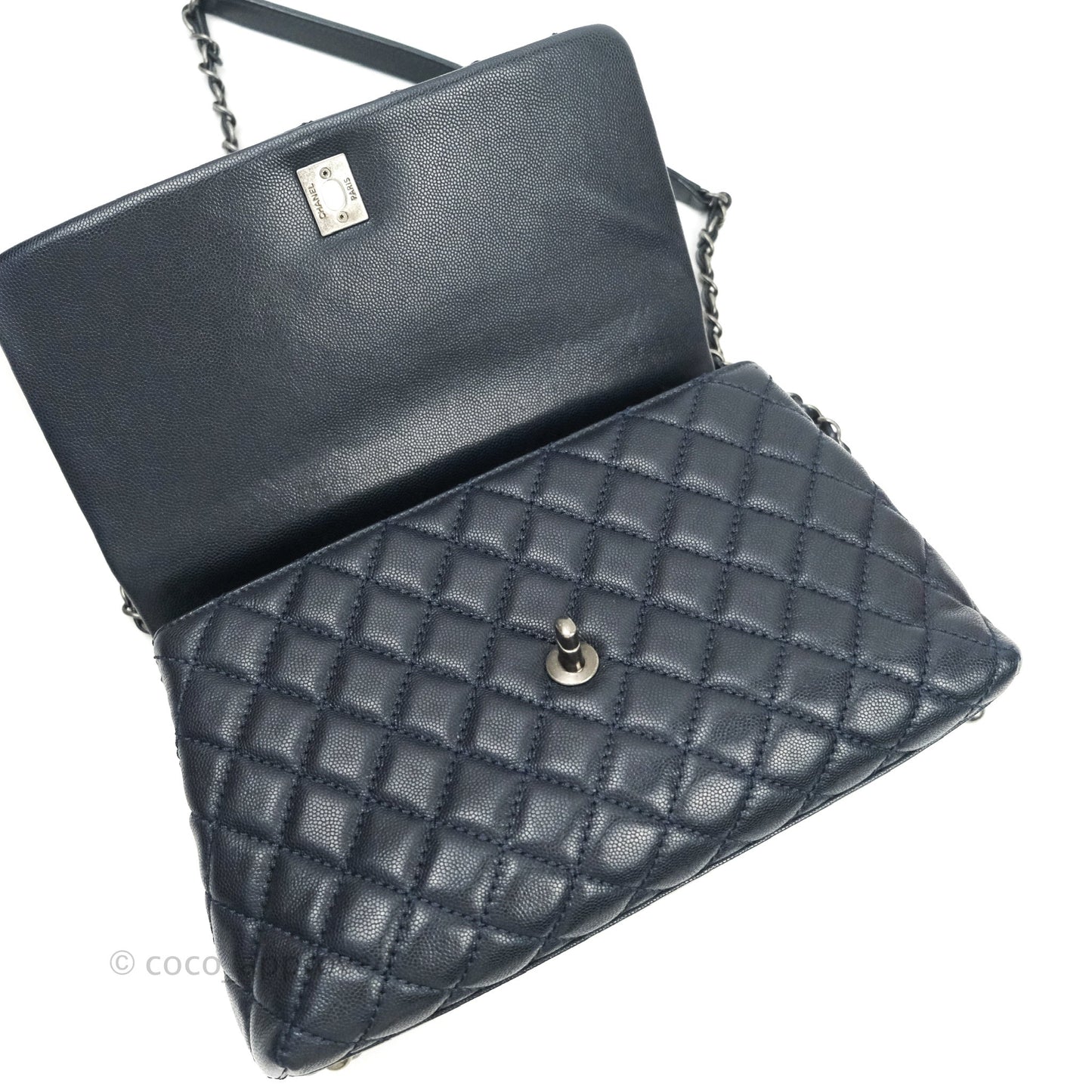Chanel Small Coco Handle Quilted Navy Caviar Lizard Handle Ruthenium Hardware