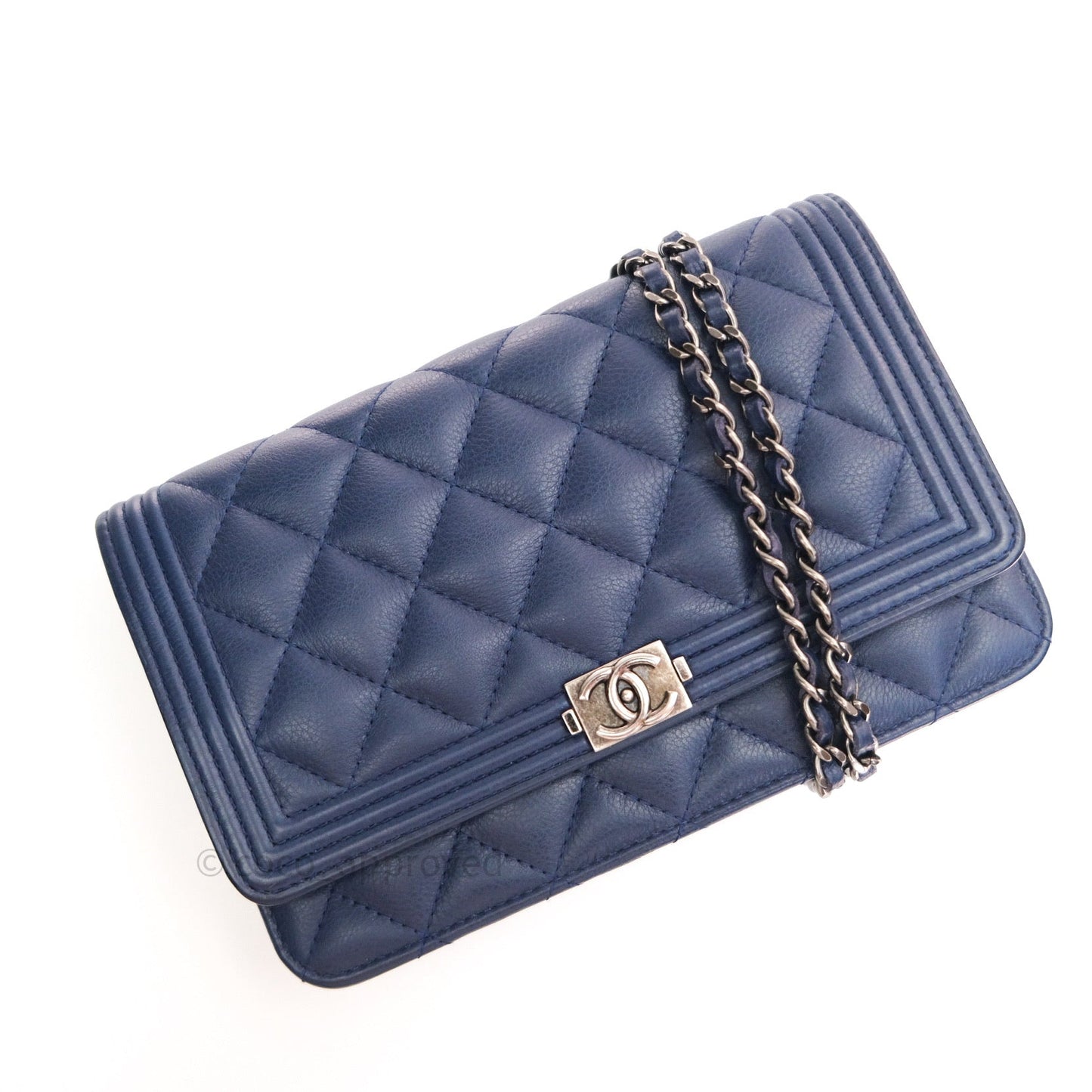 Chanel Quilted Boy Wallet on Chain WOC Blue Grained Calfskin Ruthenium Hardware