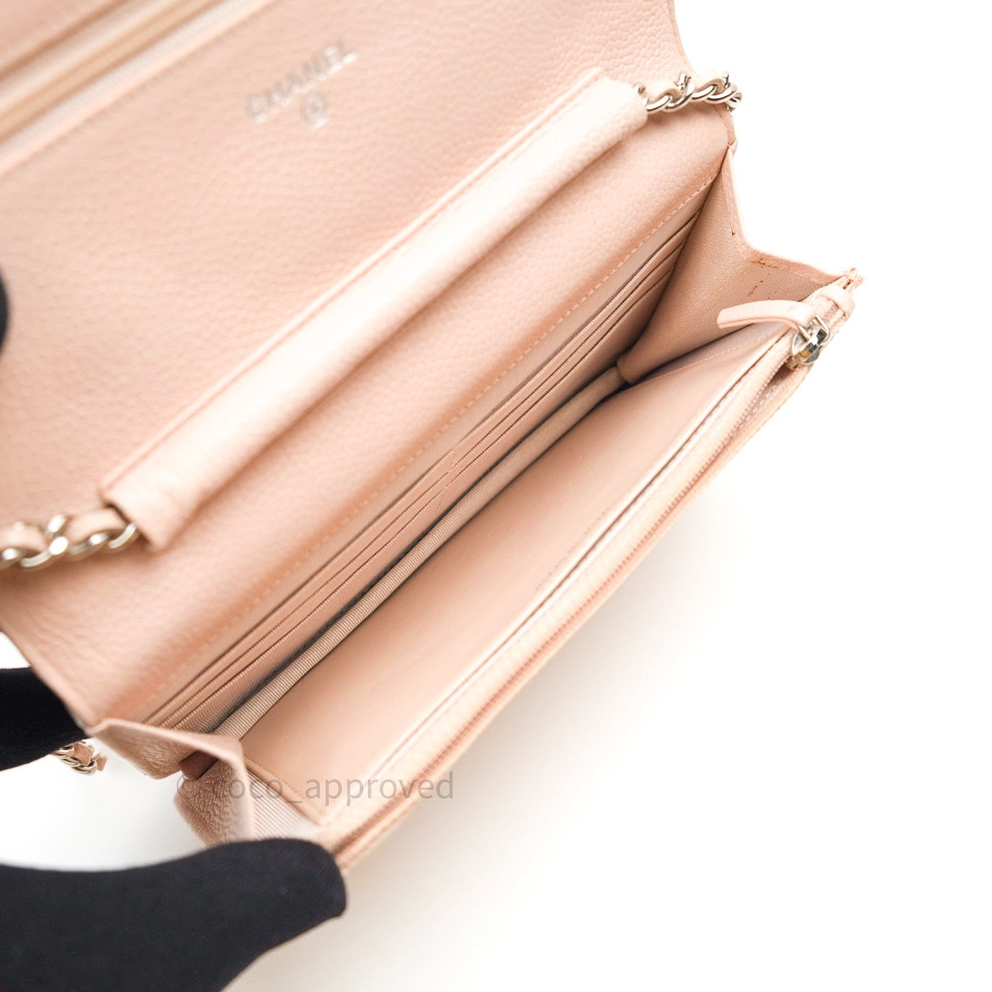 Chanel Quilted Wallet on Chain WOC Baby Pink Caviar Silver Hardware