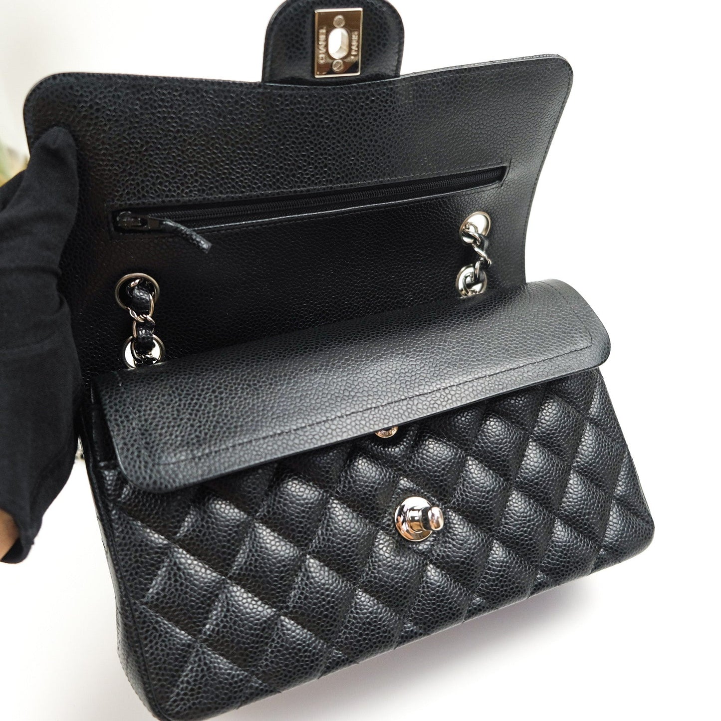 Chanel Quilted S/M Small Classic Flap Black Caviar Silver Hardware