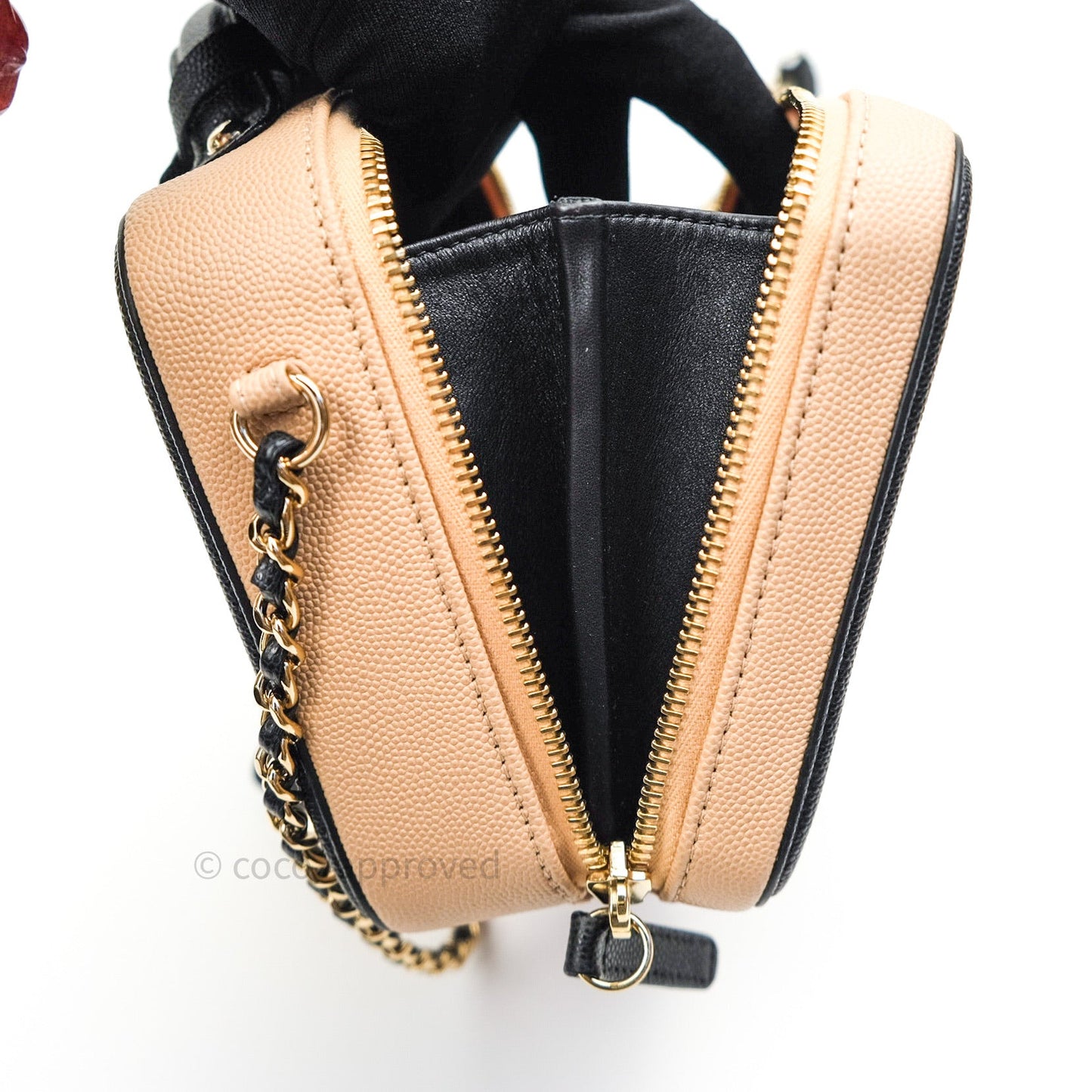 Chanel Quilted New Small CC Filigree Vanity Case Beige Caviar Gold Hardware