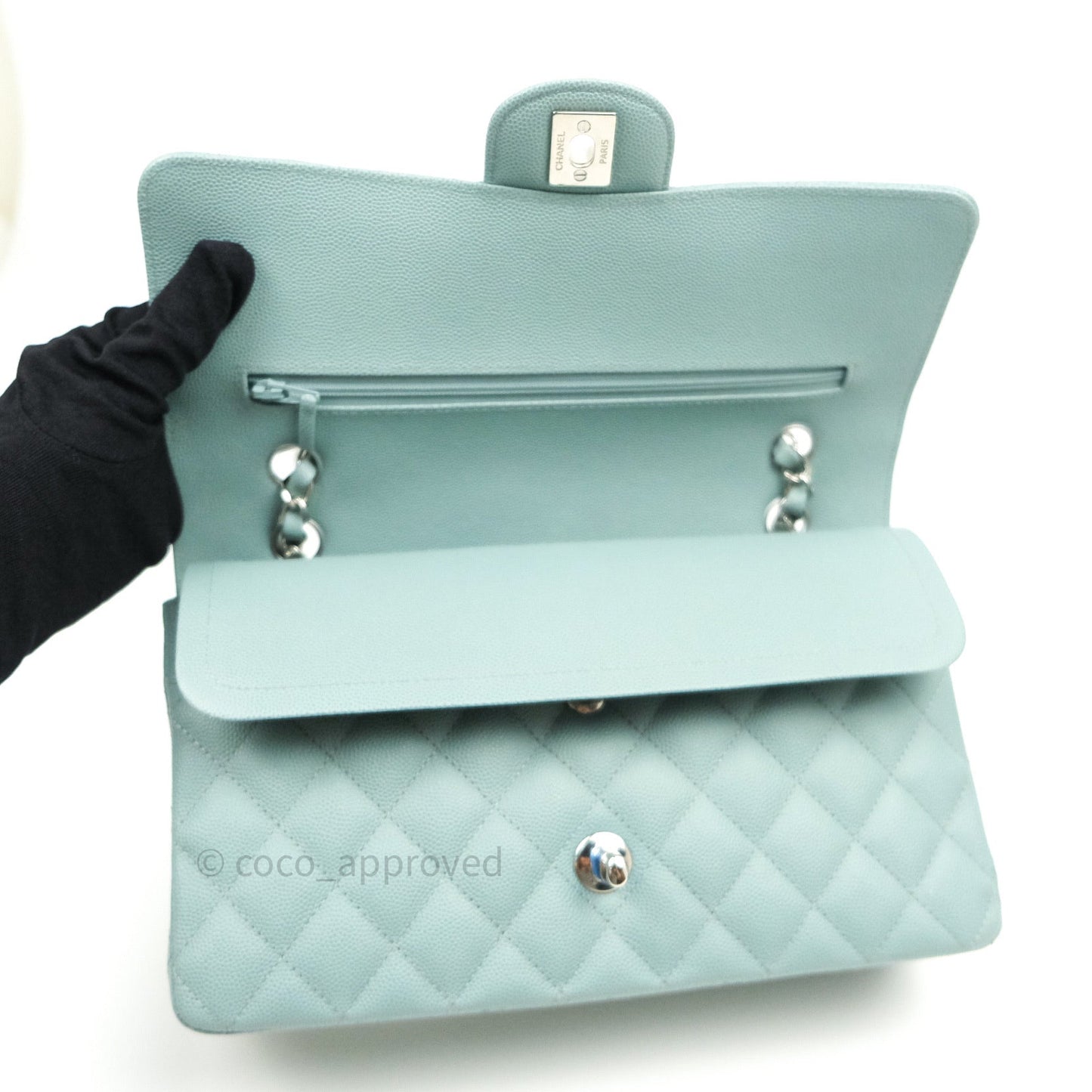 Chanel Classic M/L Medium Double Flap Bag Light Blue Caviar Silver Hardware 18C