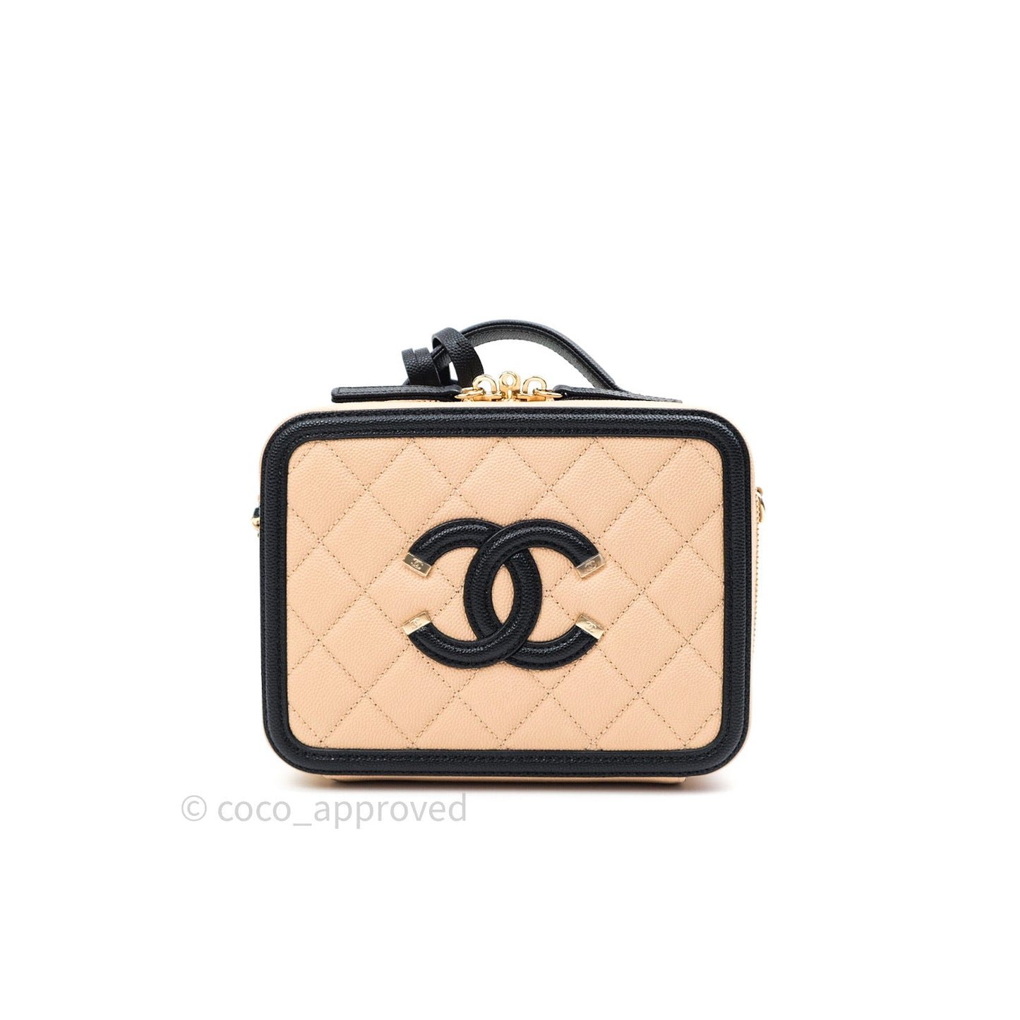 Chanel Quilted New Small CC Filigree Vanity Case Beige Caviar Gold Hardware
