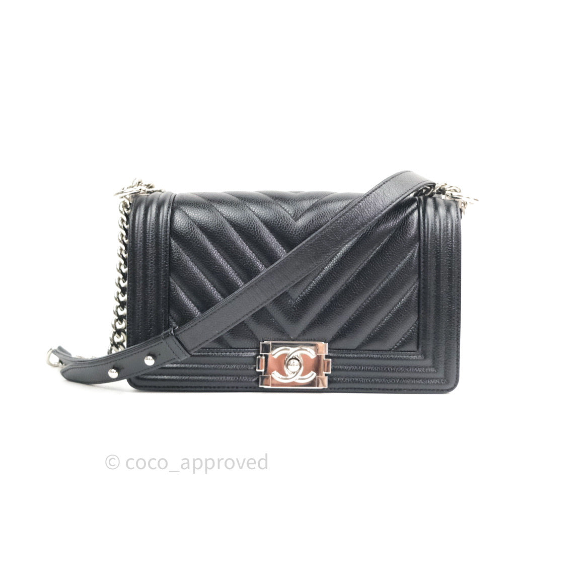 Chanel Boy Chevron Medium Black Caviar Silver Hardware