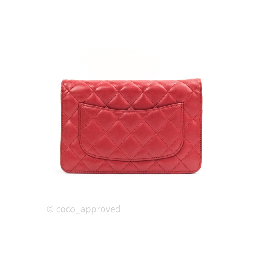 Chanel Quilted Wallet on Chain WOC Red Lambskin Silver Hardware