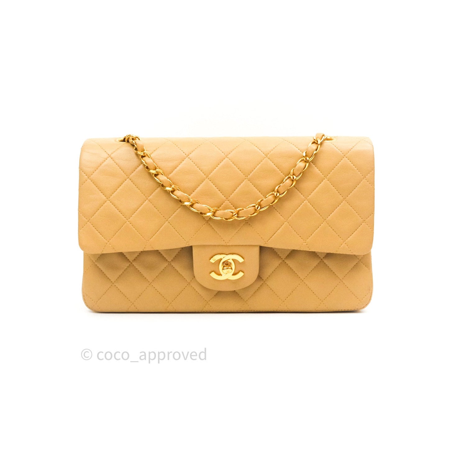 Chanel Vintage M/L Medium Double Flap Bag Beige Lambskin 24K Gold Hardware