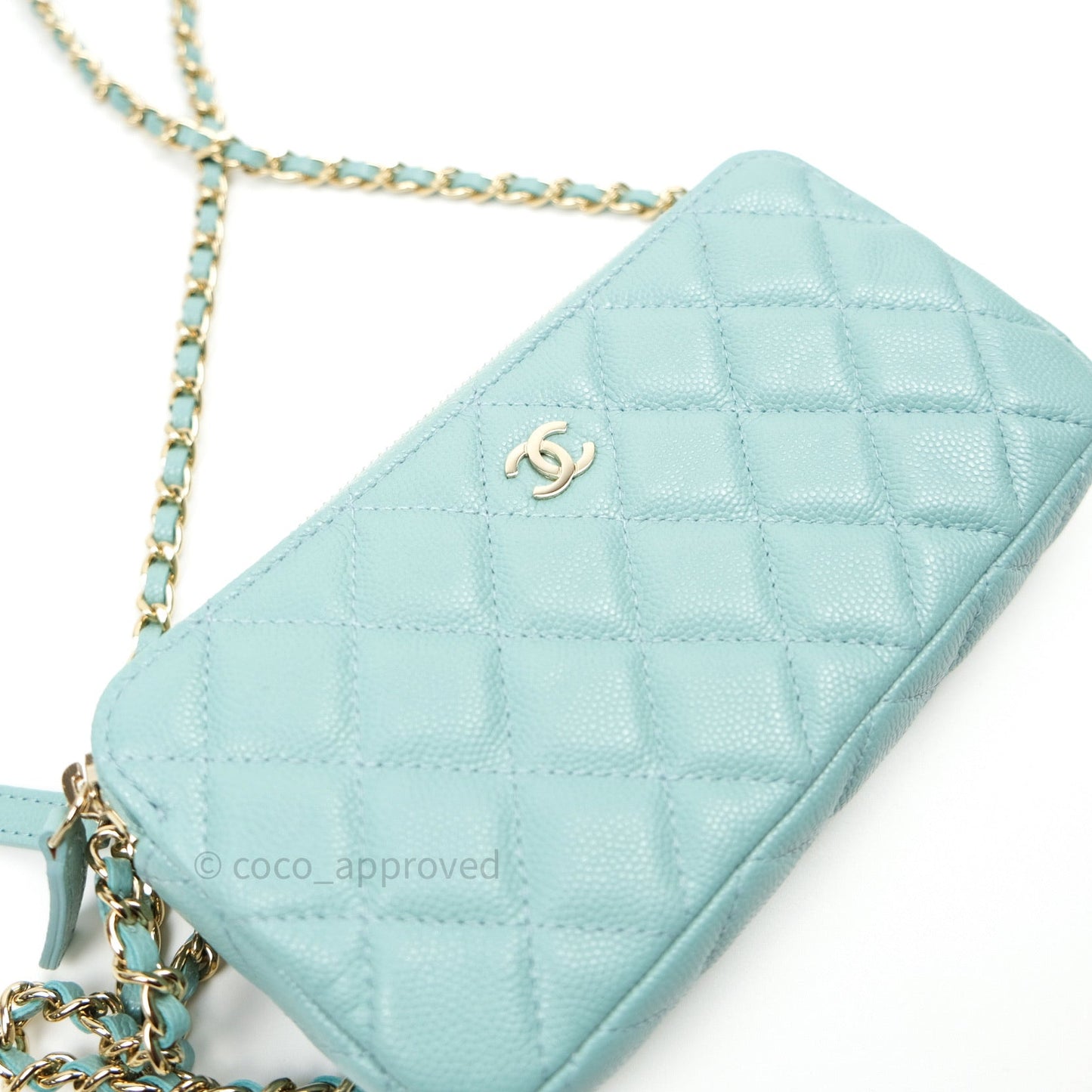 Chanel Tiffany Blue Caviar Clutch on Chain Gold Hardware 20C