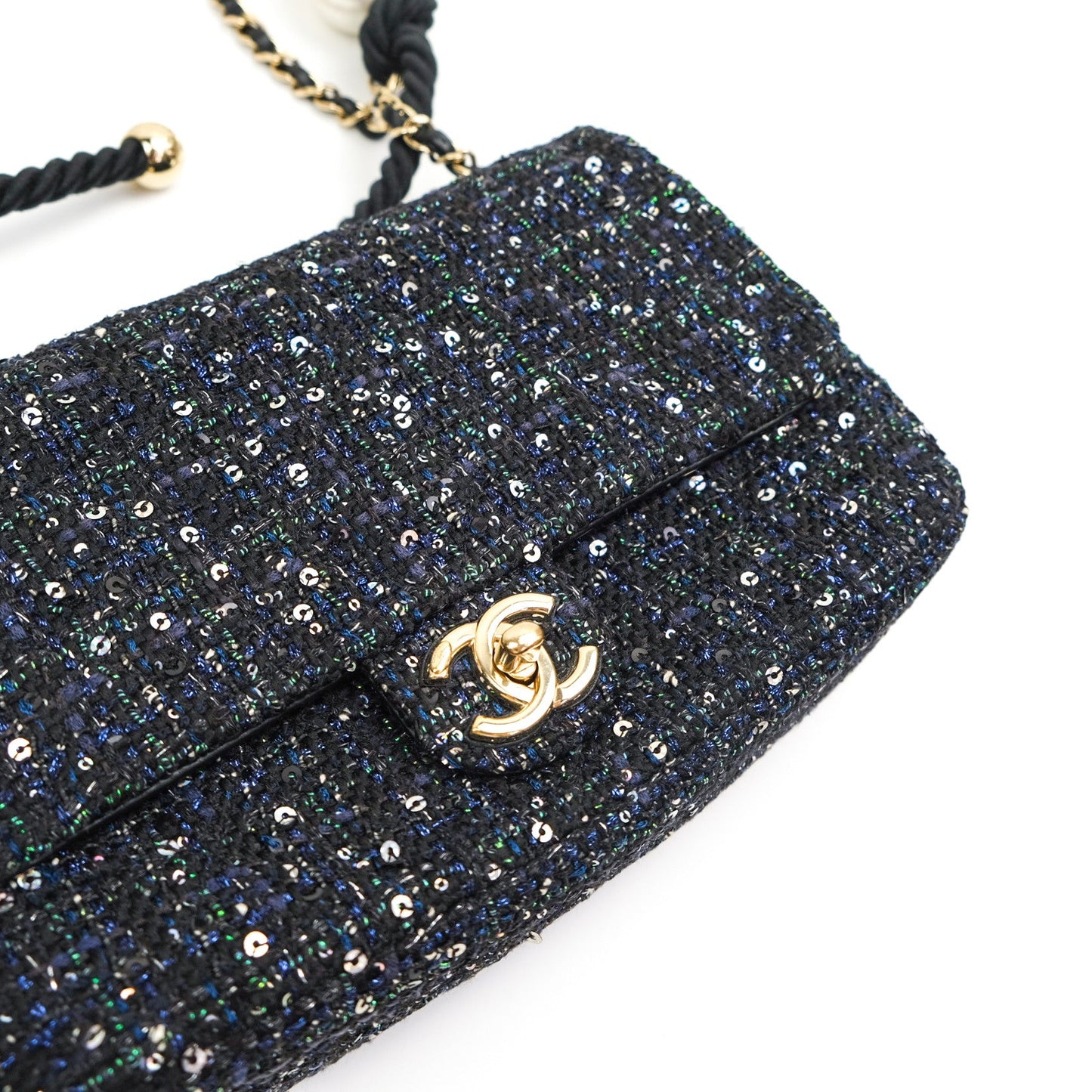 Chanel Tweed Medium Pearl Handle Flap Black Ecru