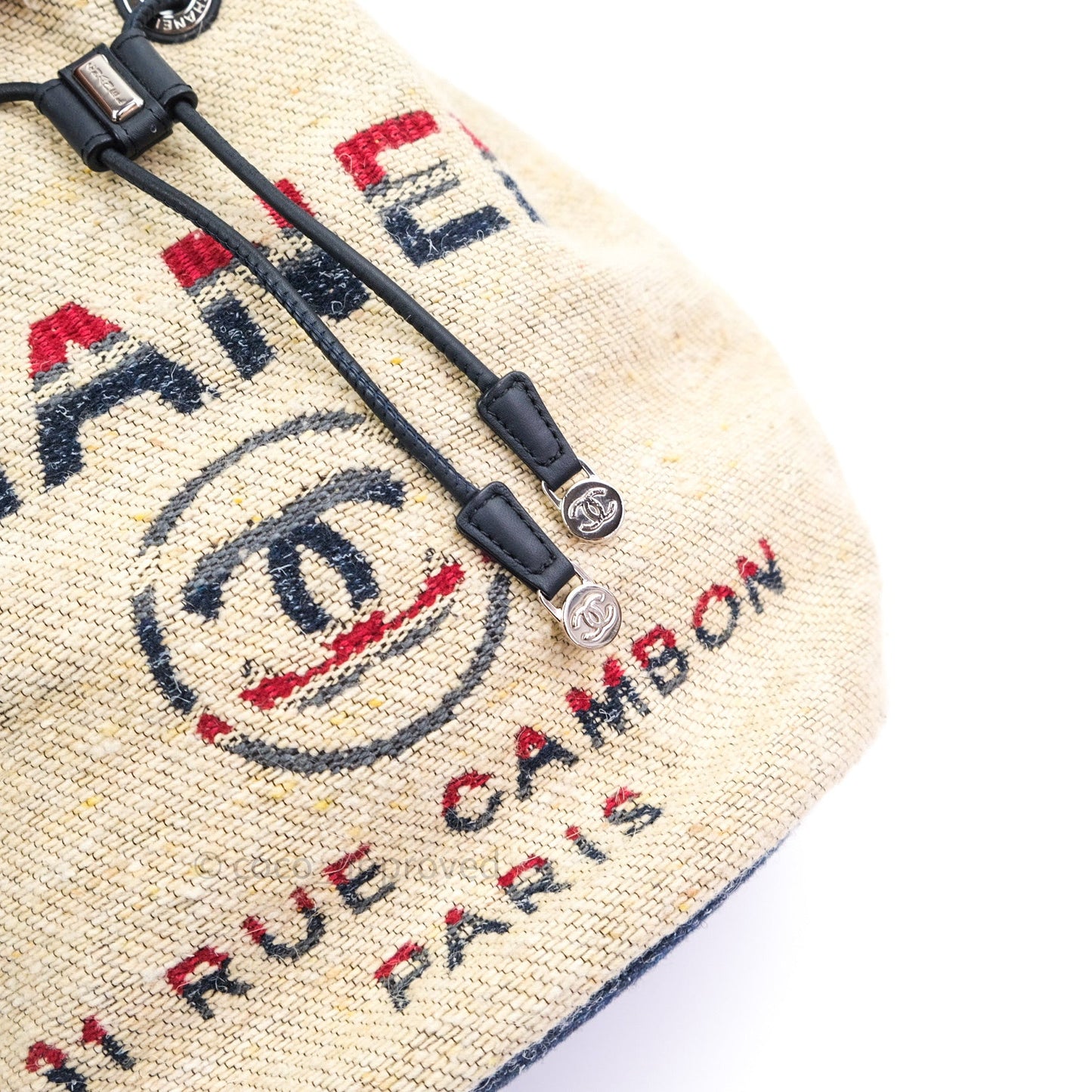 Chanel Canvas Deauville Drawstring Bag Beige Red