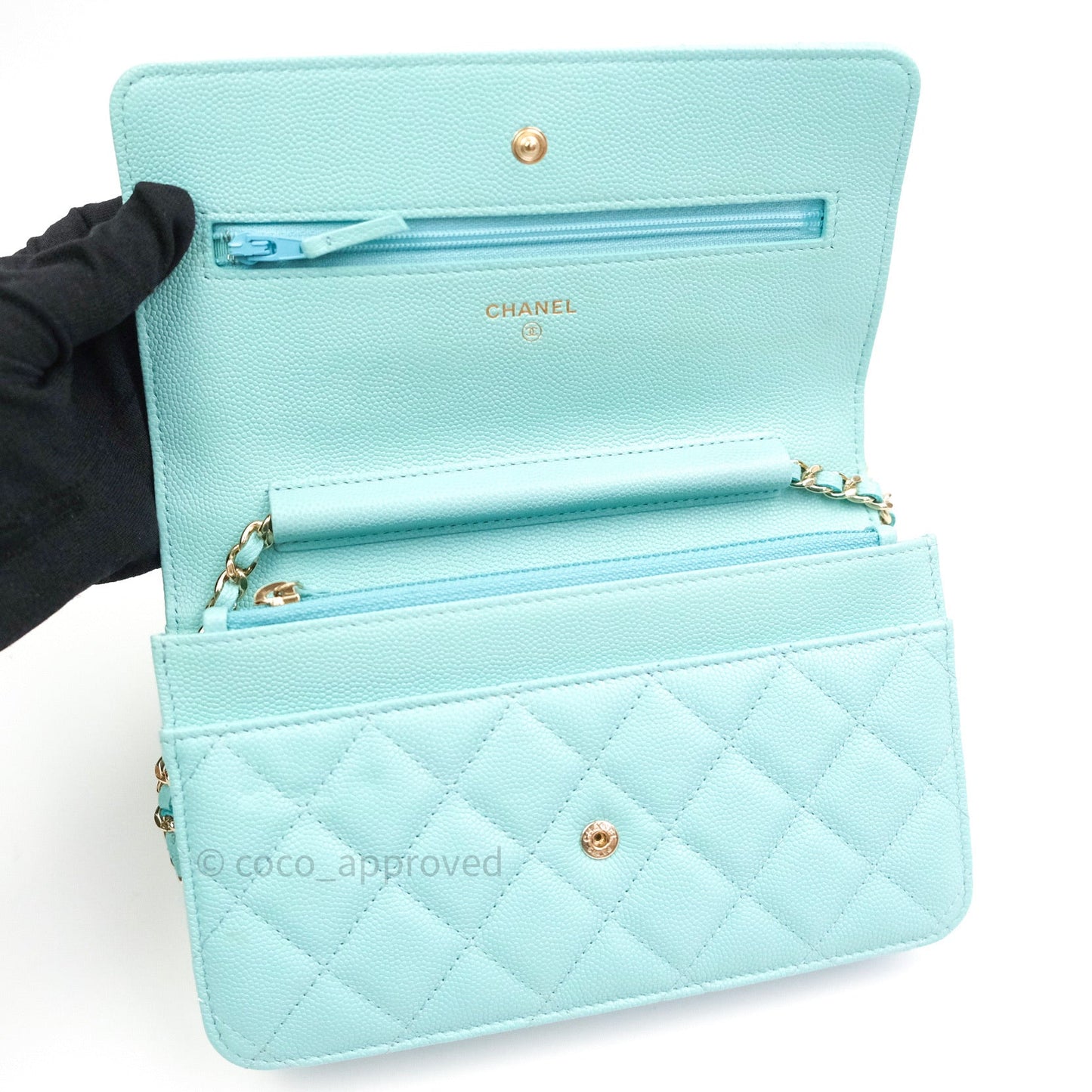 Chanel Quilted Wallet on Chain WOC Tiffany Blue Caviar Light Gold Hardware