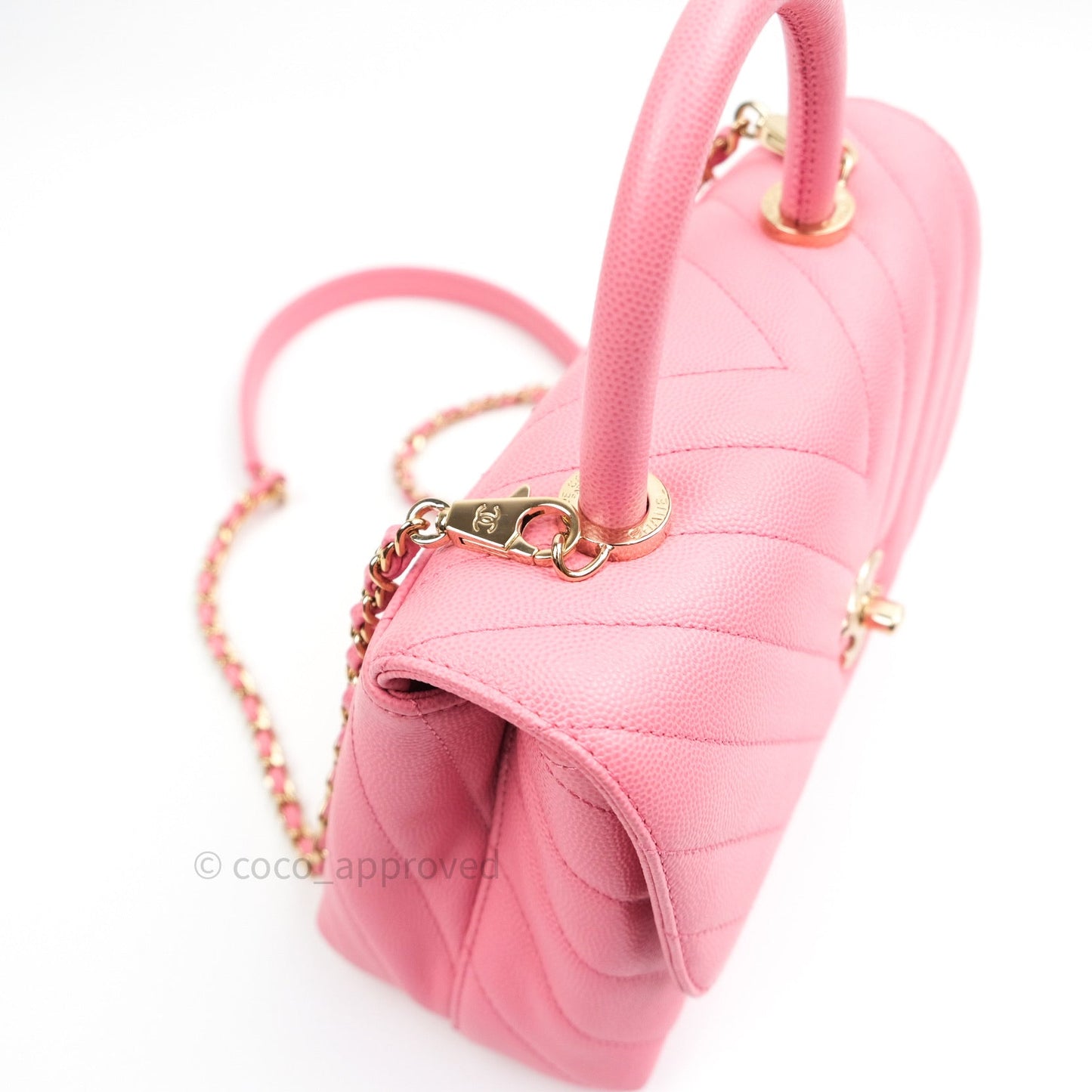 Chanel Mini Coco Handle Chevron Pink Caviar Quilted Gold Hardware