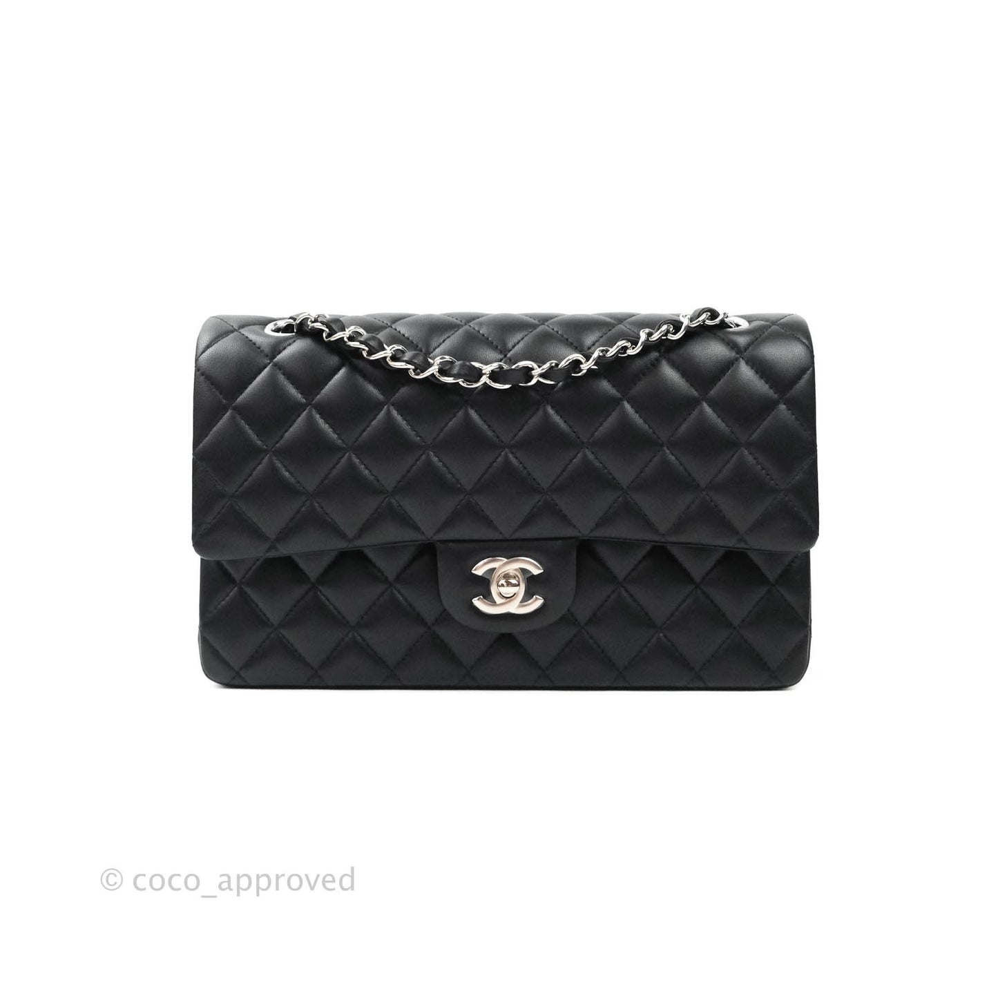 Chanel Classic M/L Medium Double Flap Bag Black Lambskin Silver Hardware