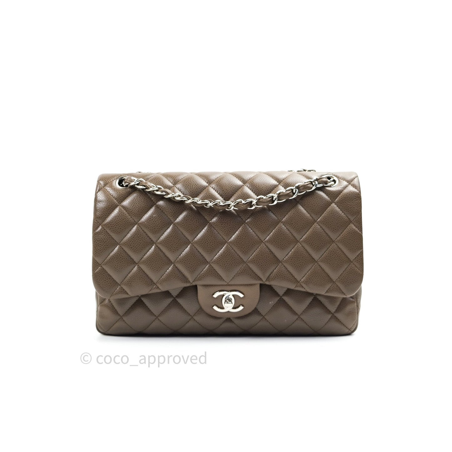 Chanel Classic Double Flap Quilted Jumbo Double Flap Khaki Caviar Silver Hardware