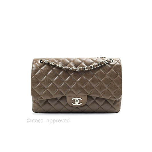 Chanel Classic Double Flap Quilted Jumbo Double Flap Khaki Caviar Silver Hardware