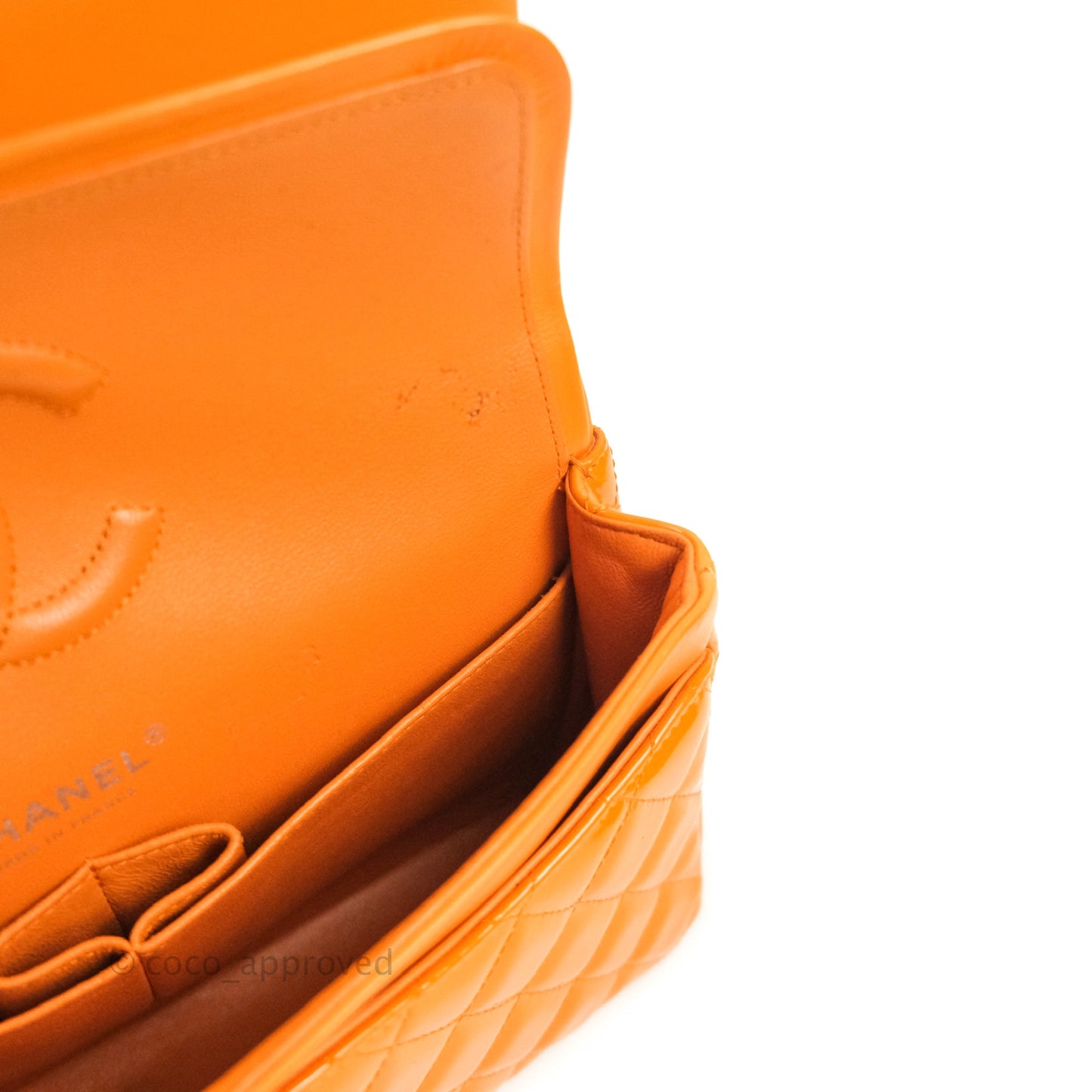 Chanel Classic M/L Medium Double Flap Orange Patent Silver Hardware