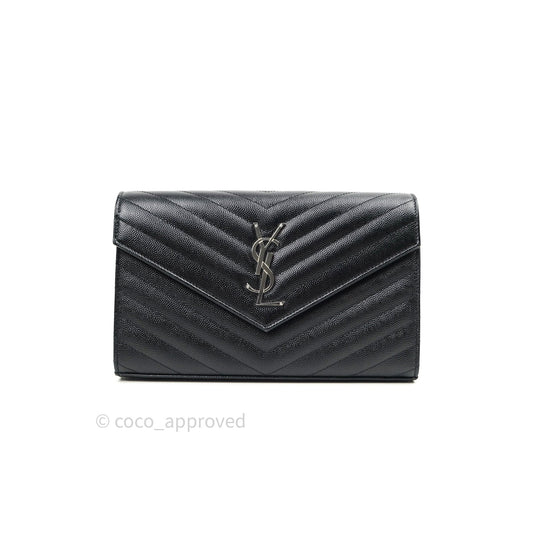 Saint Laurent Wallet on Chain Large in Black Grained Leather and Silver Hardware