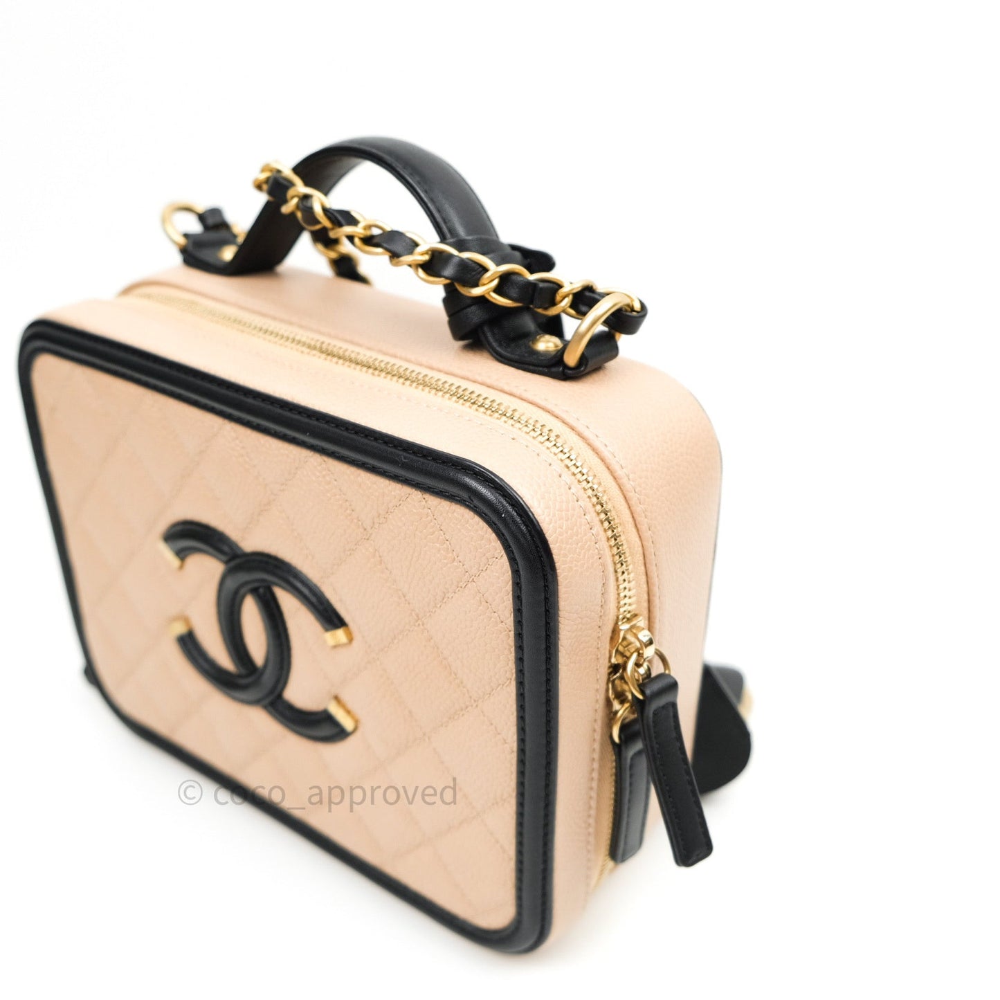 Chanel Quilted Medium CC Filigree Vanity Case Beige Caviar Gold Hardware