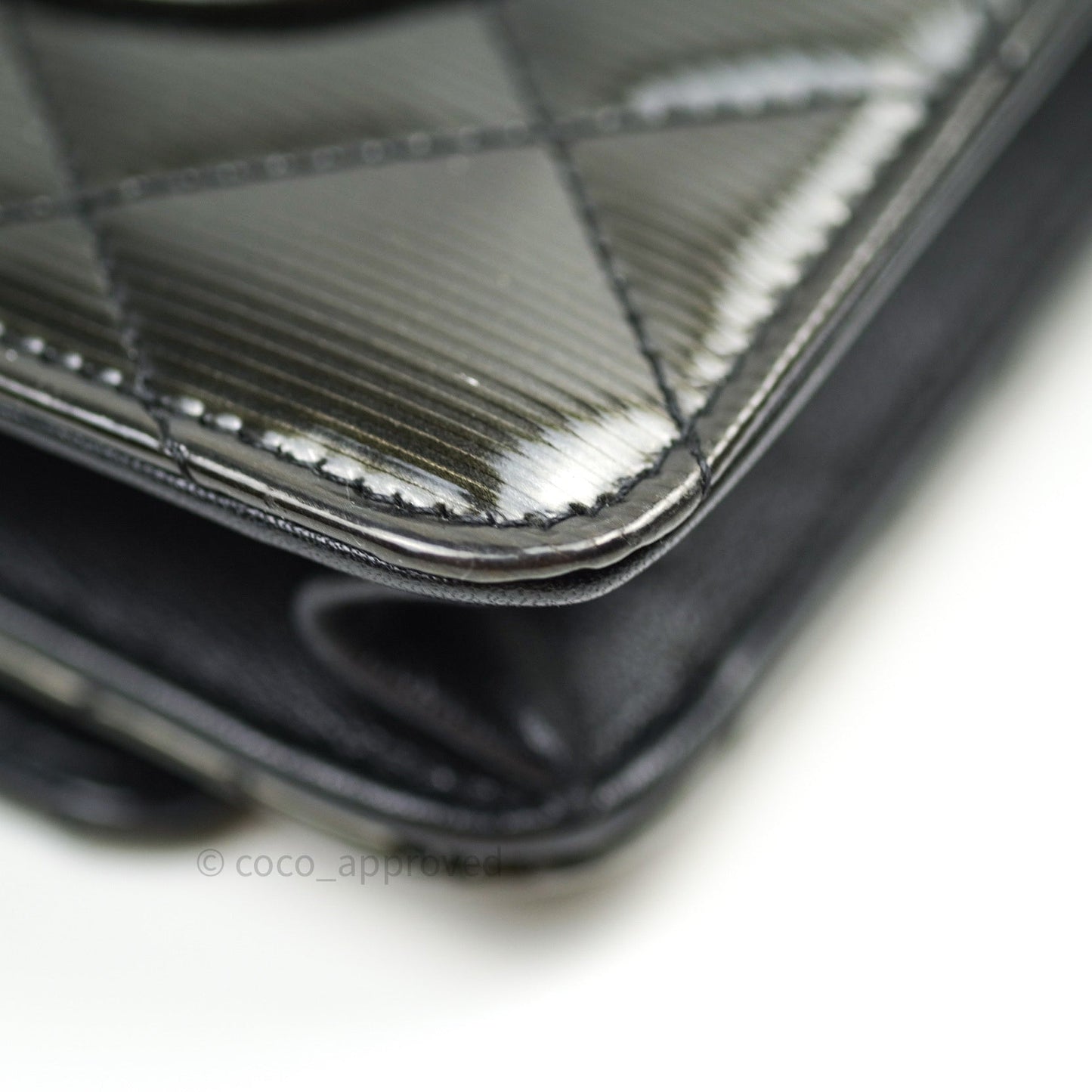 Chanel Quilted Wallet on Chain WOC Dark Green Patent Leather Silver Hardware