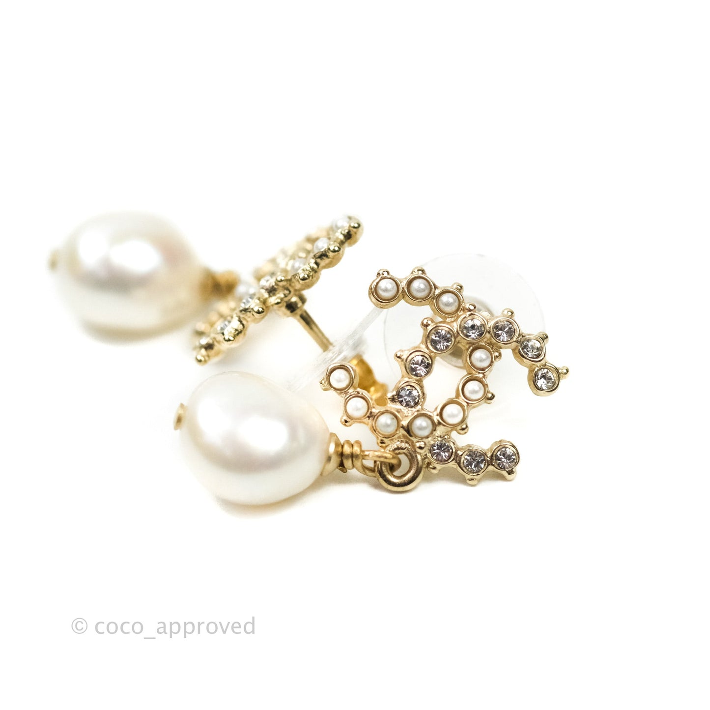 Chanel CC Pearl Drop Earrings Crystal Gold Tone 20B
